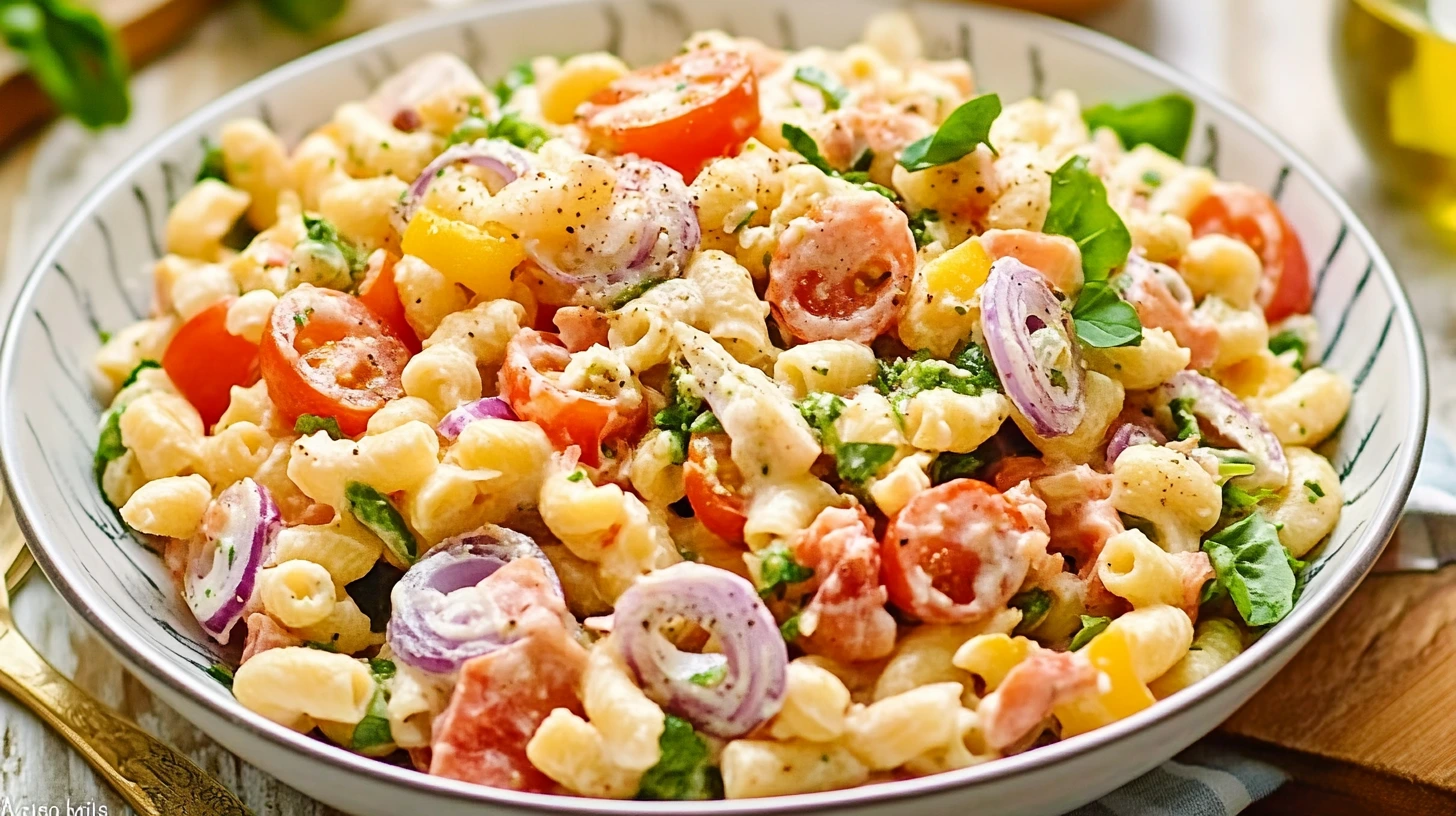 Recette Salade de pâtes colorée avec des tomates cerises, des oignons rouges, des poivrons jaunes et une sauce crémeuse, servie dans un grand bol.