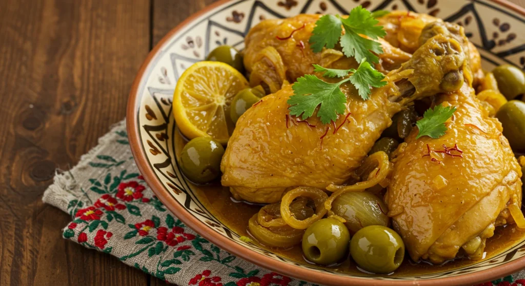 Plat savoureux de poulet aux olives et citron, mijoté avec des herbes et des tranches de citron, présenté dans une cocotte colorée.