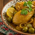 Plat savoureux de poulet aux olives et citron, mijoté avec des herbes et des tranches de citron, présenté dans une cocotte colorée.