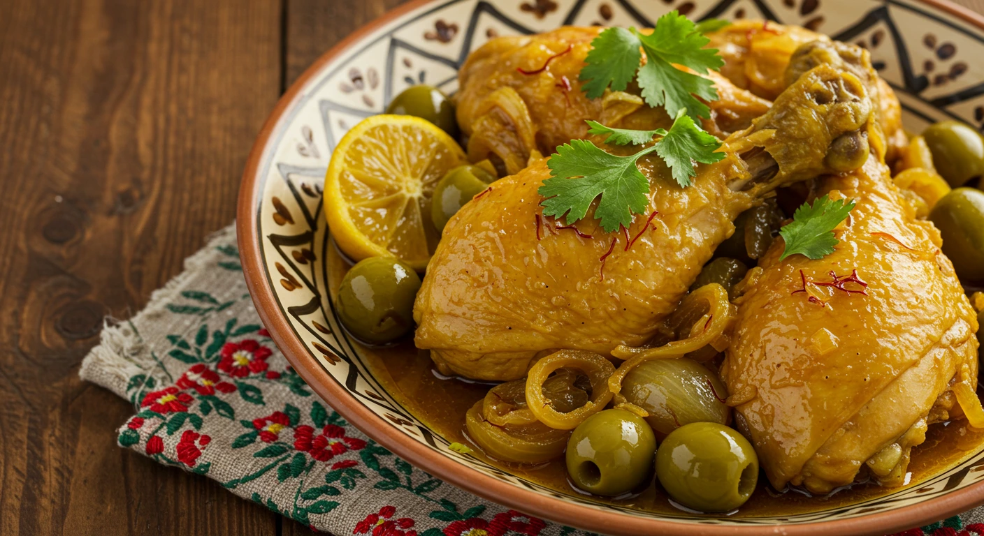 Plat savoureux de poulet aux olives et citron, mijoté avec des herbes et des tranches de citron, présenté dans une cocotte colorée.