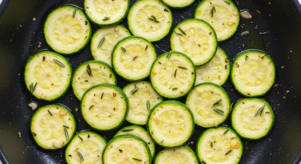 Recette de Courgette à la Poêle, dorées et assaisonnées, servies dans une poêle rustique pour un accompagnement savoureux.
