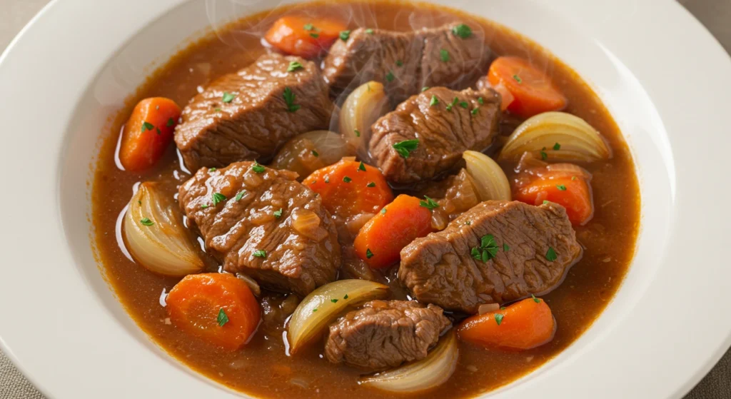 Sauté de veau au Cookeo, plat tendre et savoureux avec légumes et sauce onctueuse, servi dans une assiette élégante.