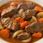 Sauté de veau au Cookeo, plat tendre et savoureux avec légumes et sauce onctueuse, servi dans une assiette élégante.
