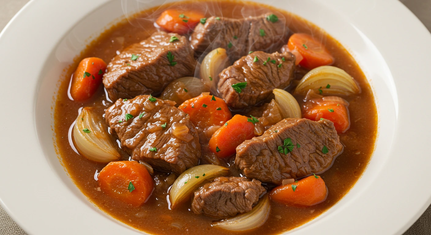 Sauté de veau au Cookeo, plat tendre et savoureux avec légumes et sauce onctueuse, servi dans une assiette élégante.