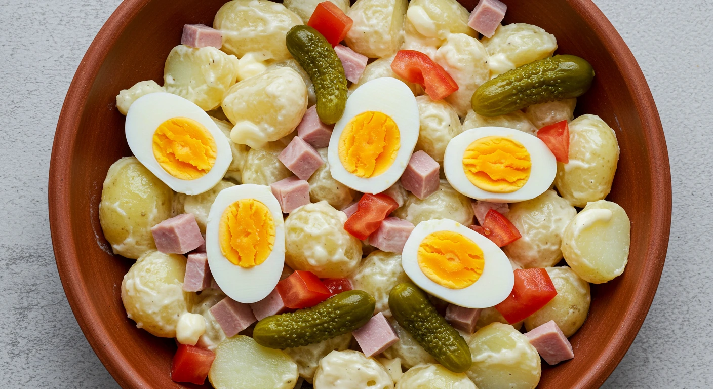 Salade piemontaise traditionnelle dans un bol coloré, garnie de tomates, pommes de terre, jambon et sauce crémeuse, parfaite pour un repas authentique.