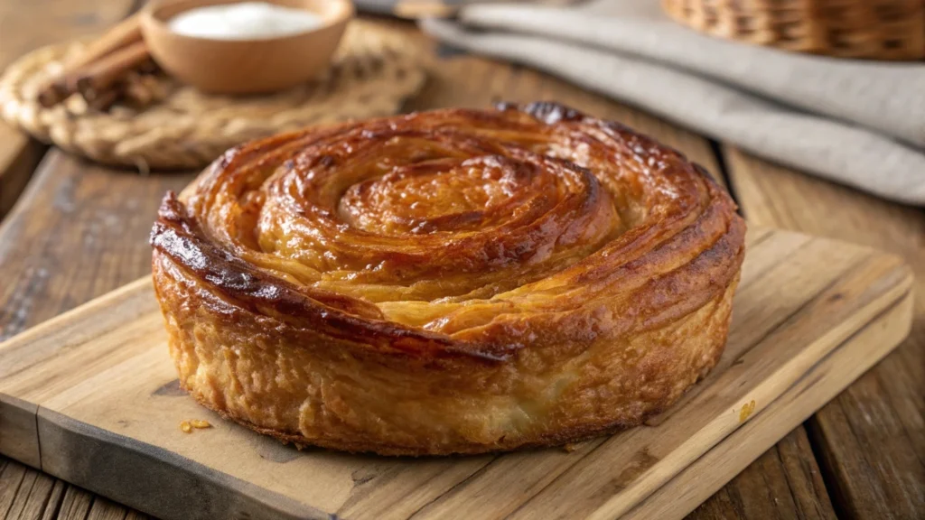 Kouign-amann doré et croustillant, avec ses couches de pùte feuilletée caramélisées, présenté sur une planche en bois avec une tasse de café.