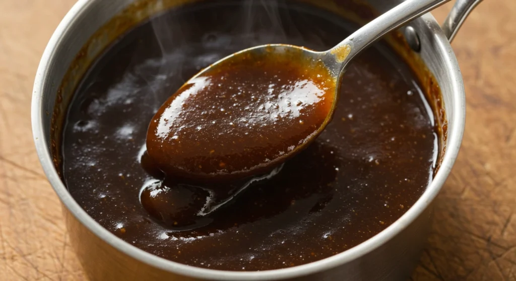 Une cuillère en métal contenant une sauce épaisse et brune, fumante, retirée d'une casserole en inox sur une planche à découper en bois.