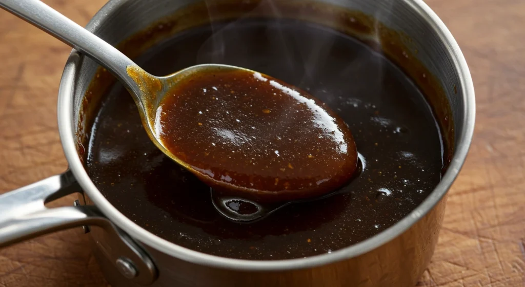 Sauce Madère maison onctueuse et brillante, servie dans une saucière en porcelaine, accompagnée de champignons et d'un tournedos, avec des herbes fraîches en garniture.