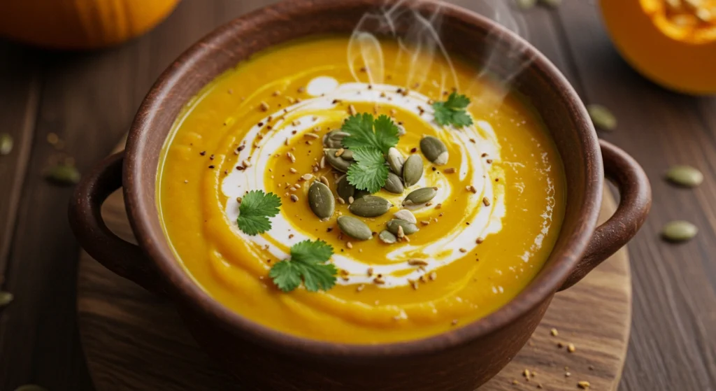 Bol de potiron soupe crémeuse et onctueuse, décorée de graines de courge et de crème fraîche, servie avec des croûtons dorés.