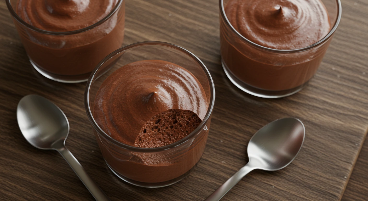 Délicieuse recette mousse au chocolat à l'ancienne dans un bol en céramique, texture onctueuse et traditionnelle, parfaite pour les amateurs de desserts classiques.