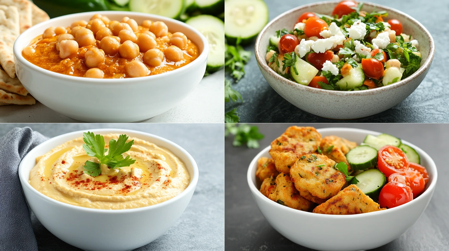 🥗 Recette pois chiche : Assortiment de plats méditerranéens : ragoût de pois chiches, salade fraîche, houmous crémeux et galettes de pois chiches.