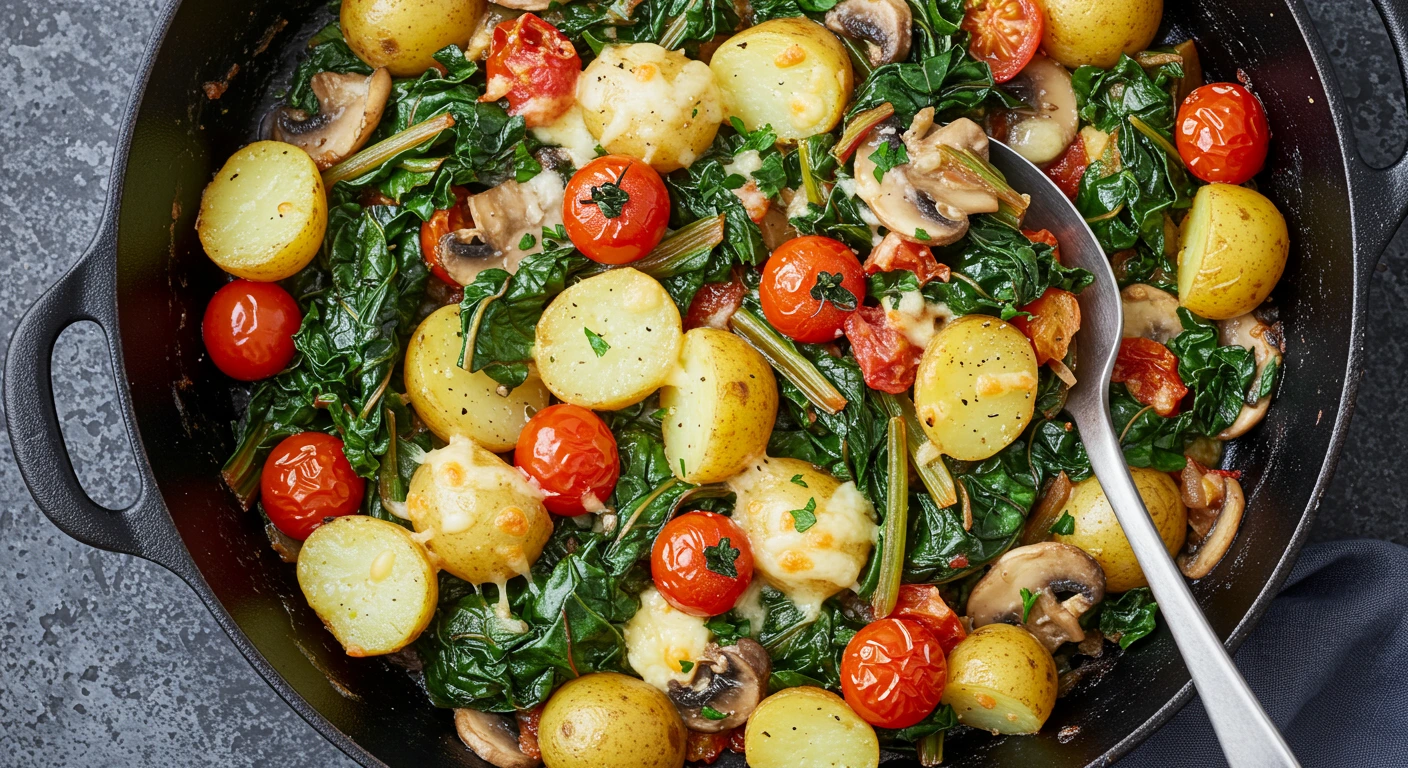 🥬 Recette Blette : Poêlée de blettes, pommes de terre, tomates cerises et champignons, un plat facile et sain.