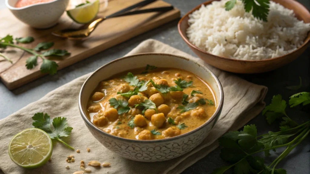 Curry de pois chiches express, une recette végétarienne rapide et savoureuse. Découvrez cette recette facile de pois chiches en sauce coco épicée, idéale pour un repas healthy. Recette par SavoryGlobe.