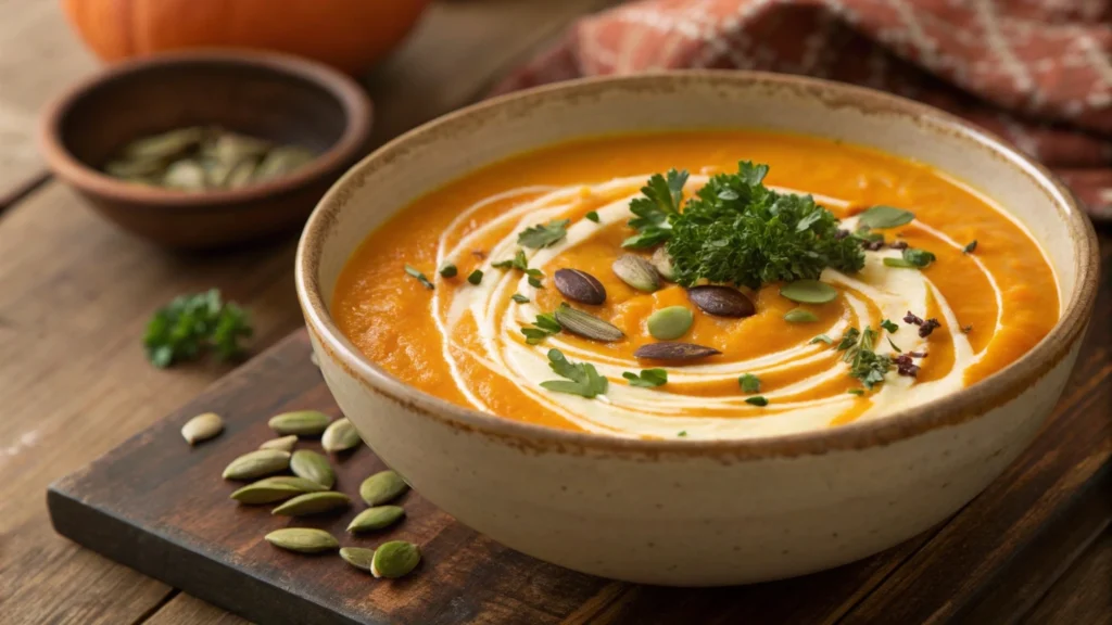 Un bol de soupe crémeuse au potiron, garni de graines de potiron, de persil et d'une touche de crème, servi avec du pain.