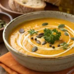 Soupe de potiron onctueuse et colorée, servie dans un bol rustique avec une touche de crème et d’herbes fraîches.
