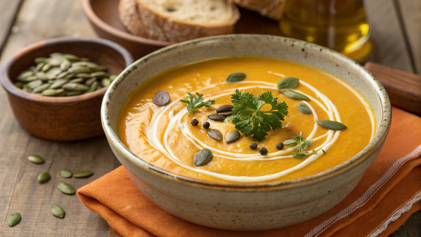 Soupe de potiron onctueuse et colorée, servie dans un bol rustique avec une touche de crème et d’herbes fraîches.