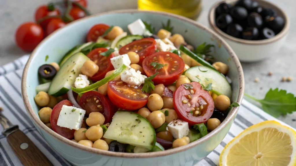 Salade méditerranéenne aux pois chiches et œuf dur, garnie de légumes frais et d’herbes, servie dans un bol coloré.