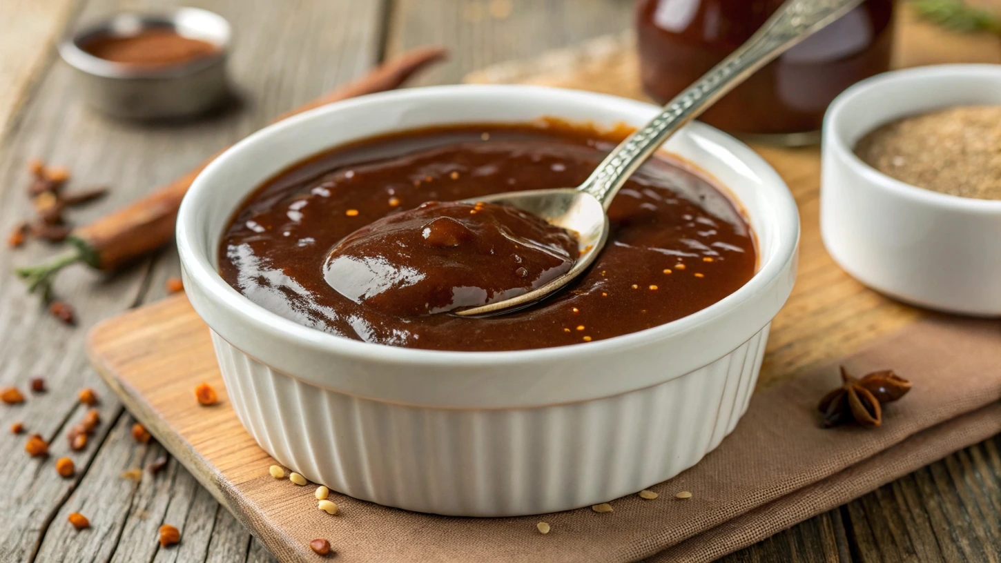 Sauce madère maison onctueuse et savoureuse, servie dans une saucière élégante, parfaite pour accompagner viandes et plats raffinés.