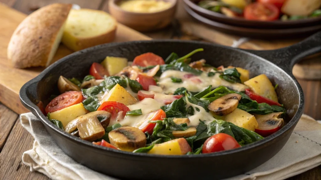 Plat de blettes sauté à la poêle avec tomates et pommes de terre, présenté dans une assiette colorée pour un repas sain