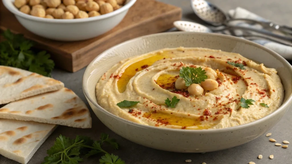 Houmous maison onctueux garni de paprika et de persil, servi dans un bol blanc