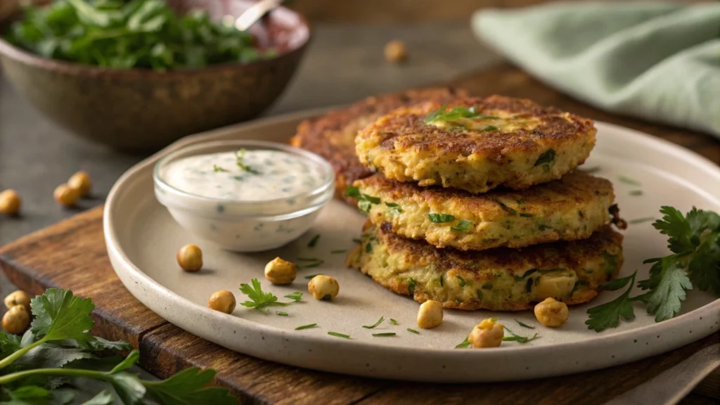 Galettes croustillantes de pois chiches et courgette, dorées à la perfection, servies sur une assiette avec une sauce légère.