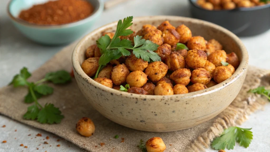 Pois chiches sautés aux épices, dorés et croustillants, servis dans un bol rustique avec une touche de coriandre fraîche.