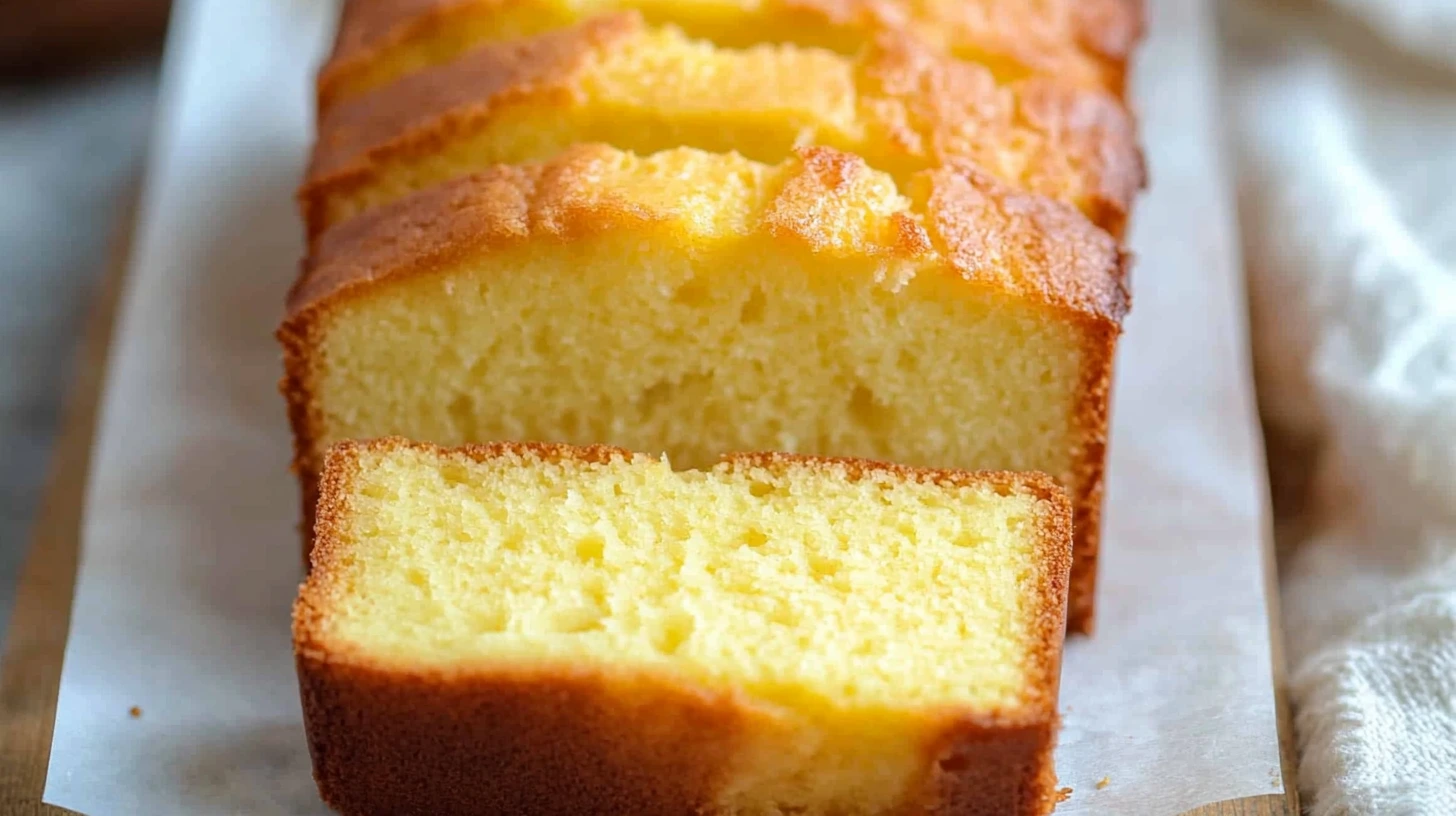 Quatre Quart Recette : Quatre quart moelleux et doré, tranché et présenté sur une assiette simple, parfait pour un dessert facile à réaliser.