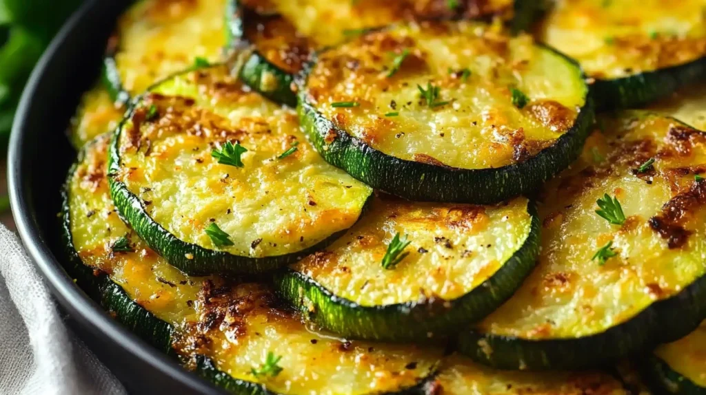 Rondelles de courgettes sautées à la poêle avec des herbes aromatiques dans une poêle noire.