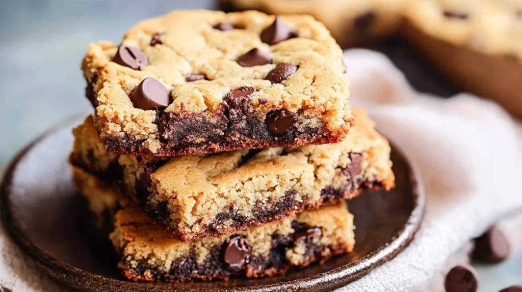Trois brookies fondants empilés sur une assiette blanche, avec des pépites de chocolat visibles.