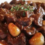 Bœuf Bourguignon Recette de Grand-Mère : Savoureux, mijoté avec vin rouge et légumes, servi dans une cocotte rustique pour un repas réconfortant.