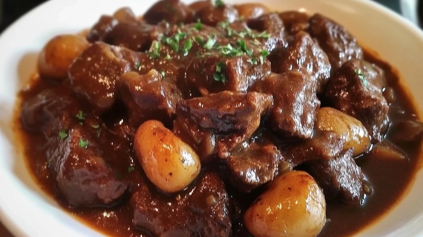 Bœuf Bourguignon Recette de Grand-Mère : Savoureux, mijoté avec vin rouge et légumes, servi dans une cocotte rustique pour un repas réconfortant.