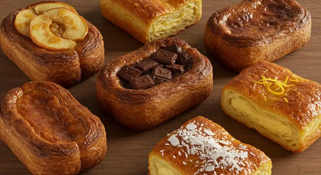 Kouign amann breton doré et feuilleté sur une planche à découper en bois, texture beurrée et caramélisée en gros plan.