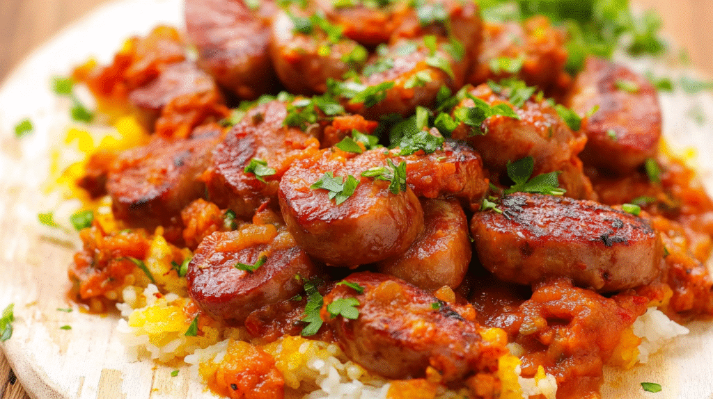 Rougail Saucisse Recette Authentique et Traditionnelle 1 Rougail saucisse recette réunionnais traditionnel avec tomates, oignons et piments, servi avec du riz blanc – SavoryGlobe