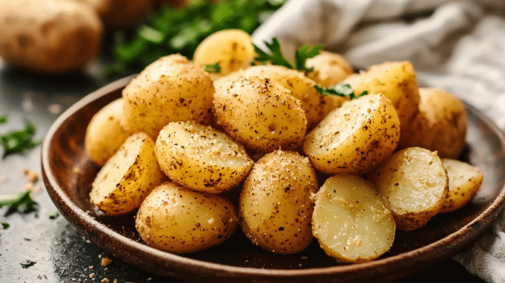 Pommes de Terre Grenaille au Four : Recette Facile et Savoureuse 1 pomme de terre grenaille au four avec romarin et épices, dorées et croustillantes, dans un plat de service de SavoryGlobe.