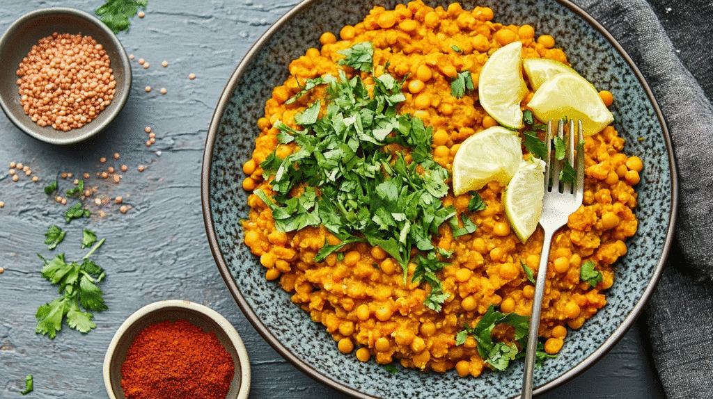 Plat de lentilles corail préparé avec légumes et épices, recette simple et rapide pour un repas sain et équilibré – SavoryGlobe