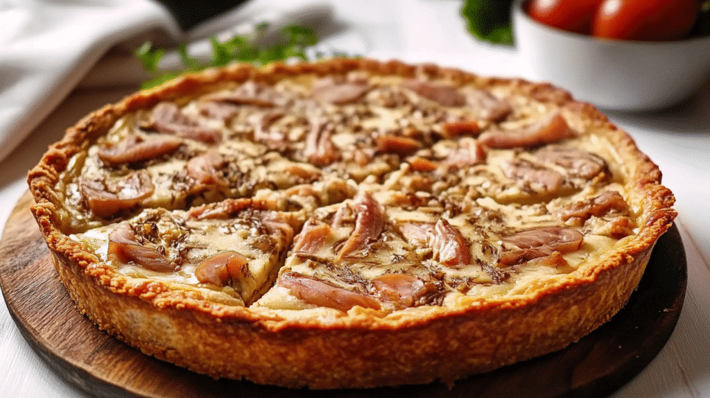 Tarte au thon maison facile et légère, recette gourmande avec pâte brisée, thon émietté, tomates et fromage fondu, vue en coupe appétissante.