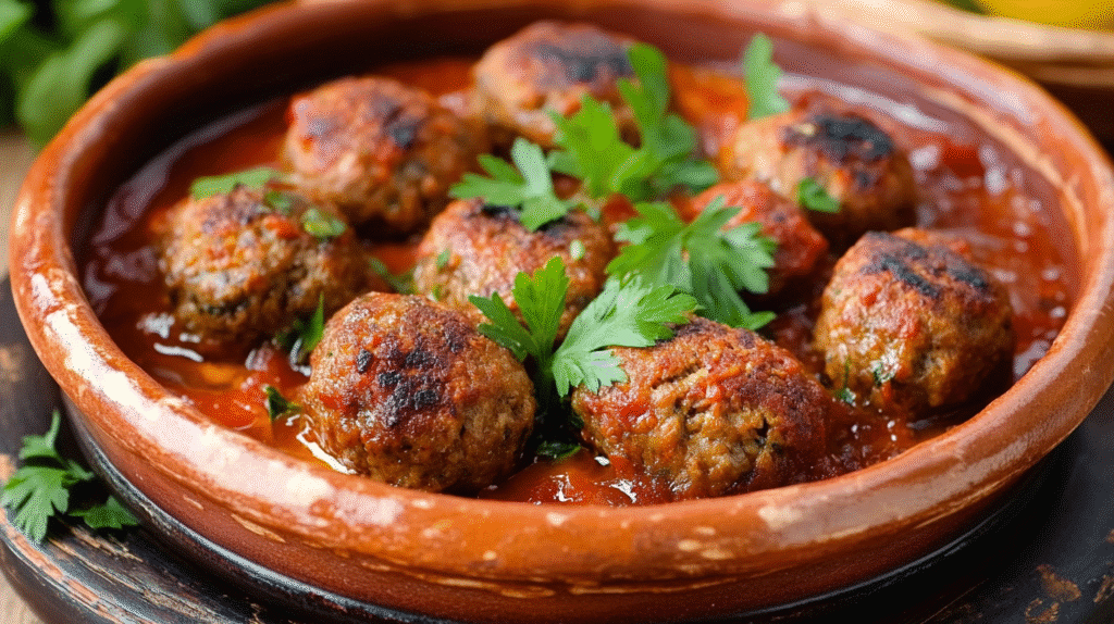 Tajine kefta aux œufs maison, préparé avec des boulettes de viande savoureuses selon la recette traditionnelle de SavoryGlobe.