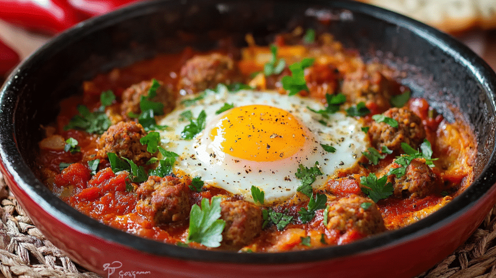 Poêle de tajine kefta aux œufs, boulettes de viande hachée dans une sauce tomate épicée avec un œuf au plat, recette marocaine SavoryGlobe.