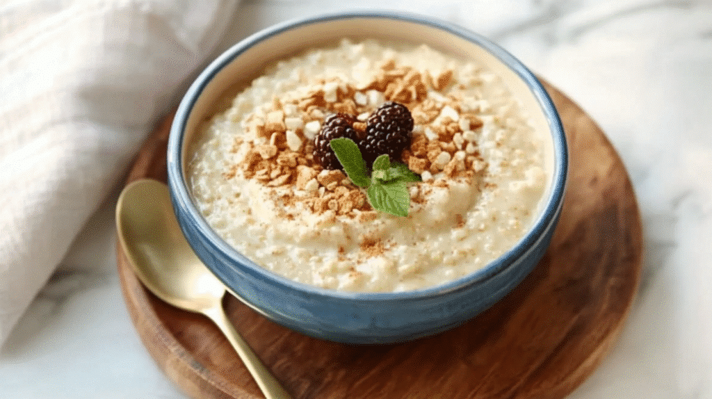 porridge recette facile garni d'amandes effilées et de cannelle, dans un bol en bois, idéal pour un petit-déjeuner healthy de SavoryGlobe.