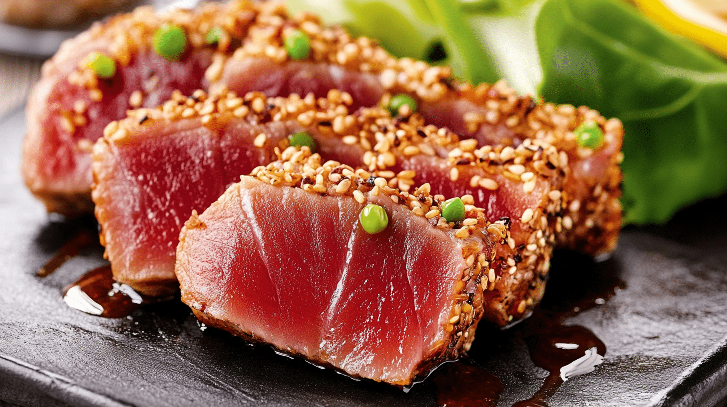 Tranches de tataki de thon rouge mi-cuit, enrobées de graines de sésame dorées, servies avec une sauce soja et des légumes, recette SavoryGlobe.