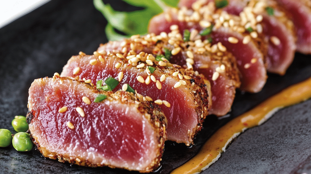 Comment Préparer un Tataki de Thon Rouge : Recette Facile et Savoureuse 1 Tataki de thon rouge, finement tranché et sais à perfection, présenté avec une garniture.