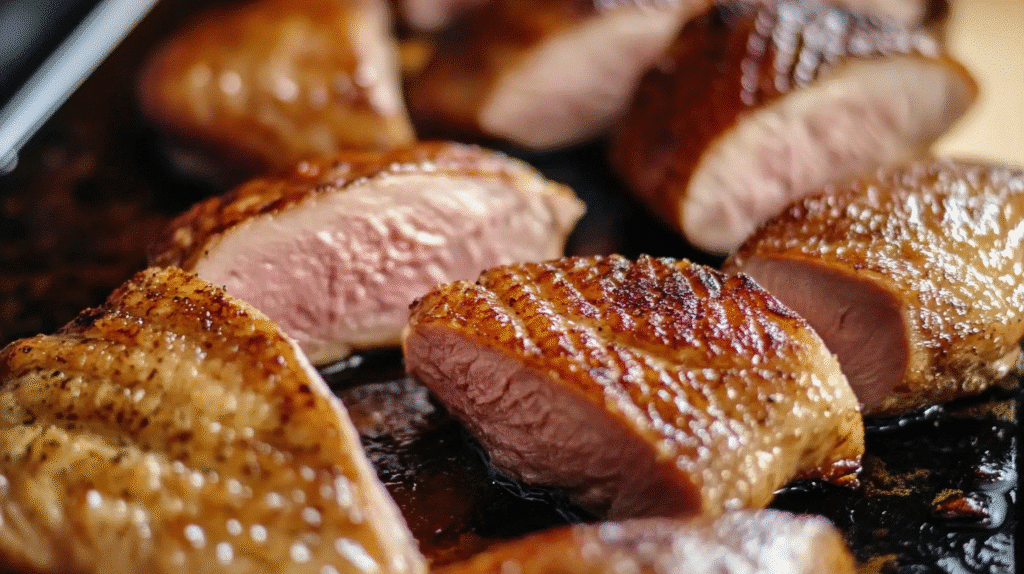 Comment Réussir la Cuisson du Magret de Canard au Four : Astuces et Conseils 2 Magret de canard au four doré et croustillant, accompagné d’une sauce savoureuse, préparé selon la recette facile de SavoryGlobe.