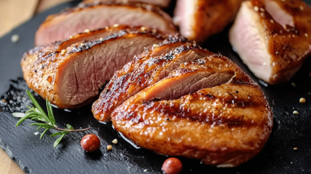 Comment Réussir la Cuisson du Magret de Canard au Four : Astuces et Conseils 1 Magret de canard cuit au four, peau croustillante et chair rosée, présenté sur une plaque de cuisson.