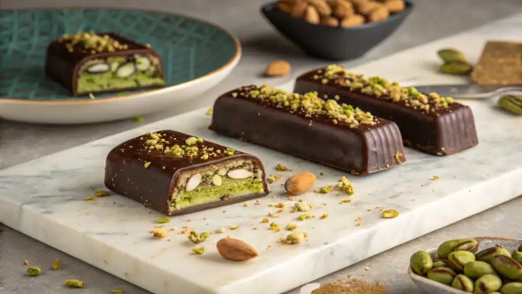 Chocolat Dubaï maison, un dessert luxueux aux noix, noisettes et copeaux de chocolat noir.