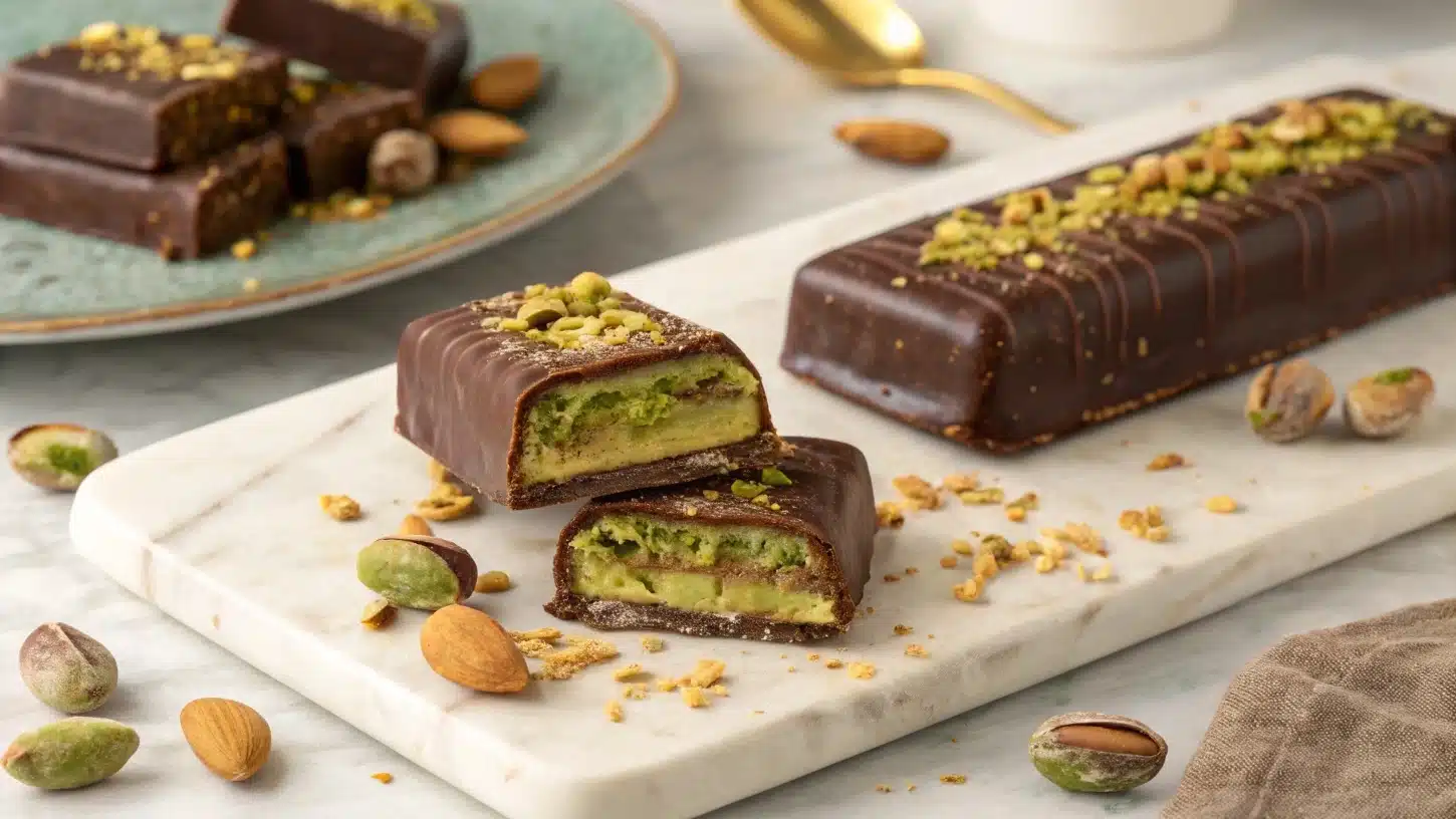 Tablette de Chocolat Dubaï maison, fourrée de pâte à tartiner pistache et de kadaïf croustillant, coupée pour montrer la texture interne.