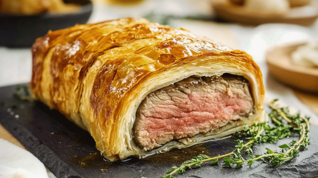 filet mignon en croute de bœuf Wellington, cuisson rosée, pâte feuilletée dorée, servi sur une ardoise avec du thym frais, SavoryGlobe.