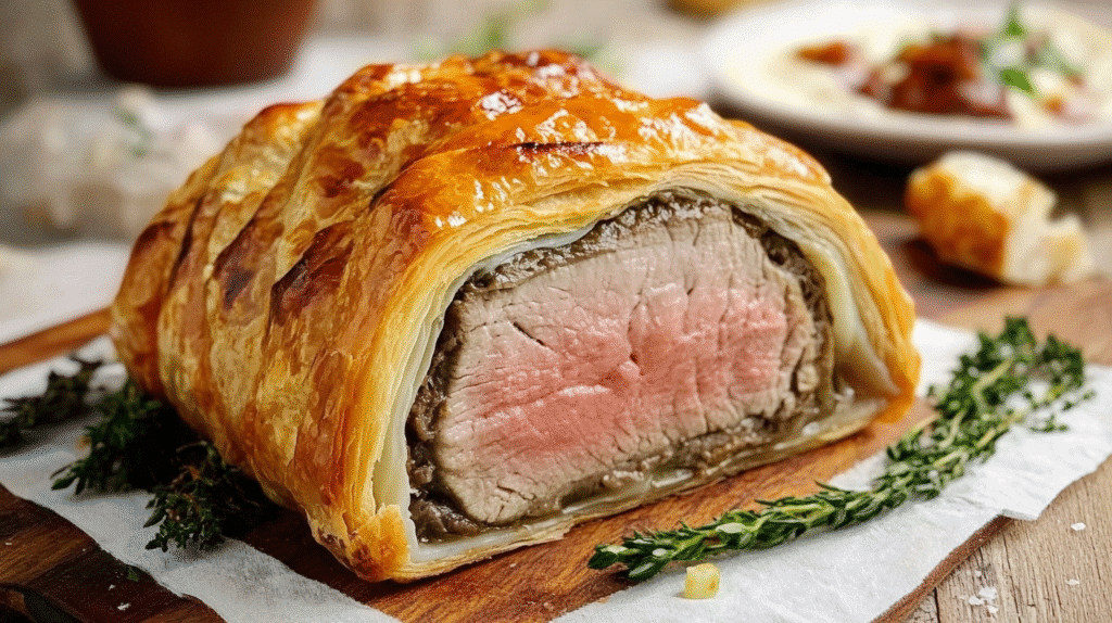 Filet mignon en croûte doré, coupé en tranches et présenté sur une planche à découper, entouré de herbes et de légumes rôtis.