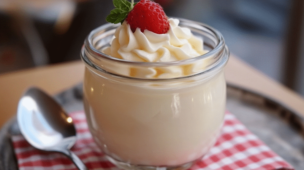 recette yaourt maison crémeux, servi dans un petit pot en verre, garni de crème fouettée et d'une fraise fraîche, de SavoryGlobe.