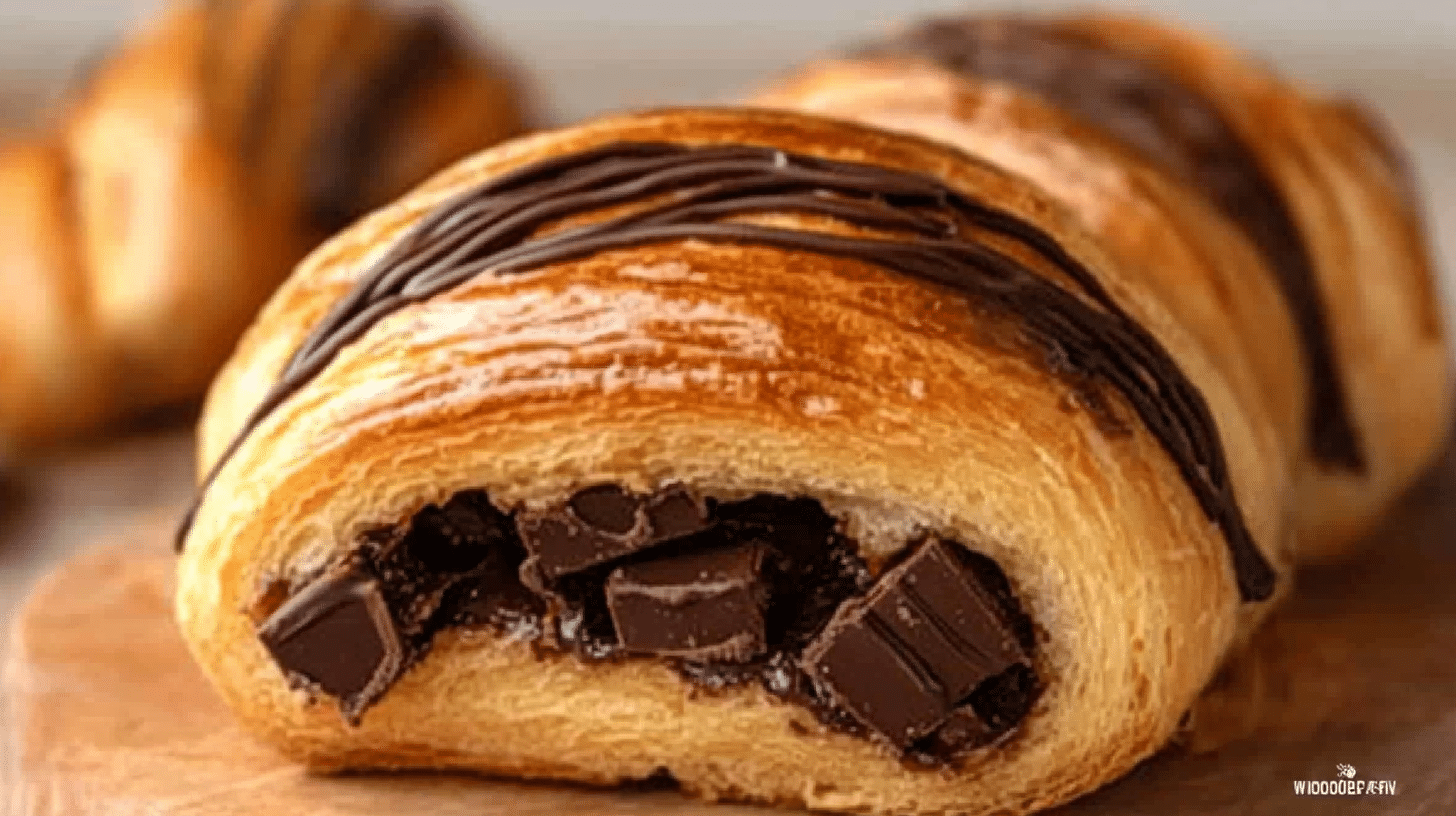 Pain au chocolat maison facile et rapide, viennoiserie feuilletée et dorée, garnie de chocolat fondu, recette SavoryGlobe.