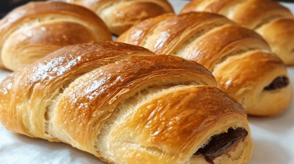 Pains au chocolat dorés et feuilletés, sortant du four, pour une recette maison.